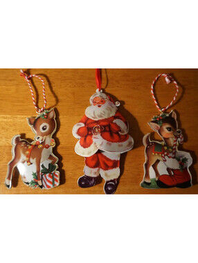 3 Vintage Style Retro Reindeer Swinging Santa Claus Christmas Ornaments Decor